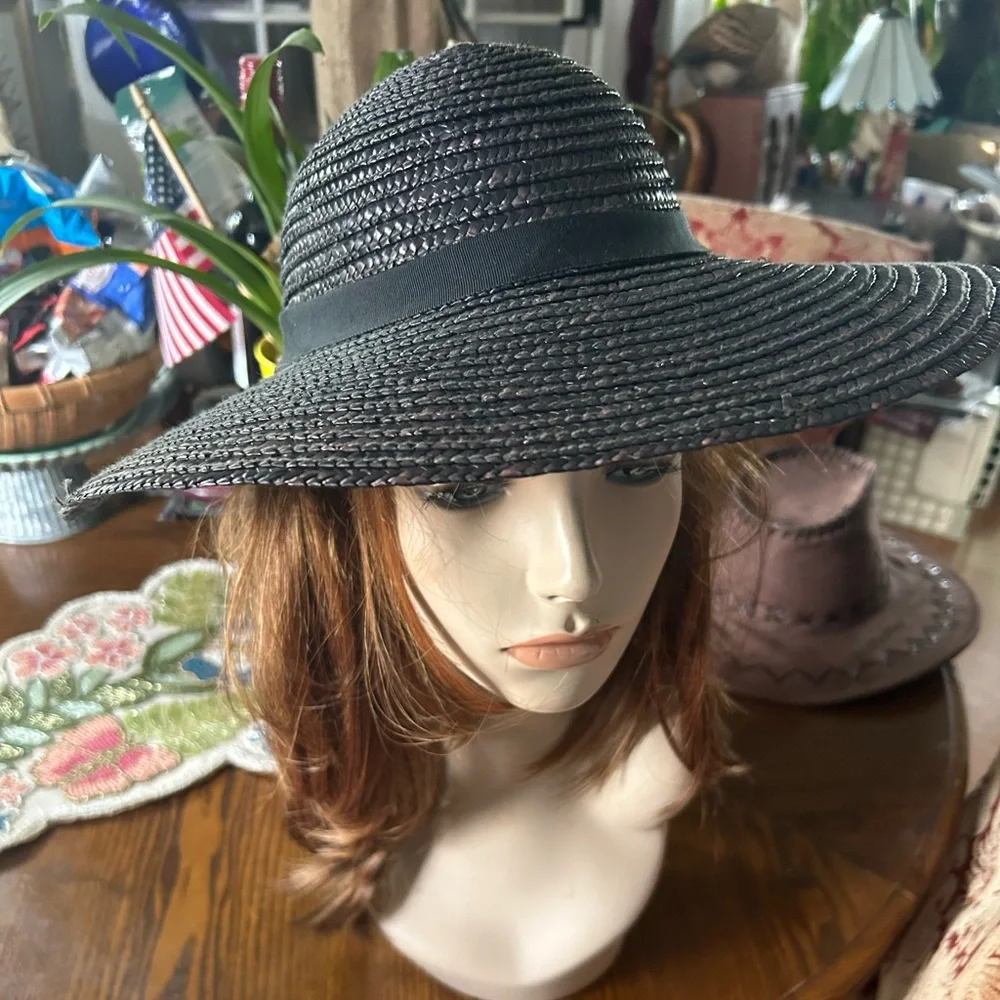 Vintage Black/Brown Straw Wide Brim Derby Hat